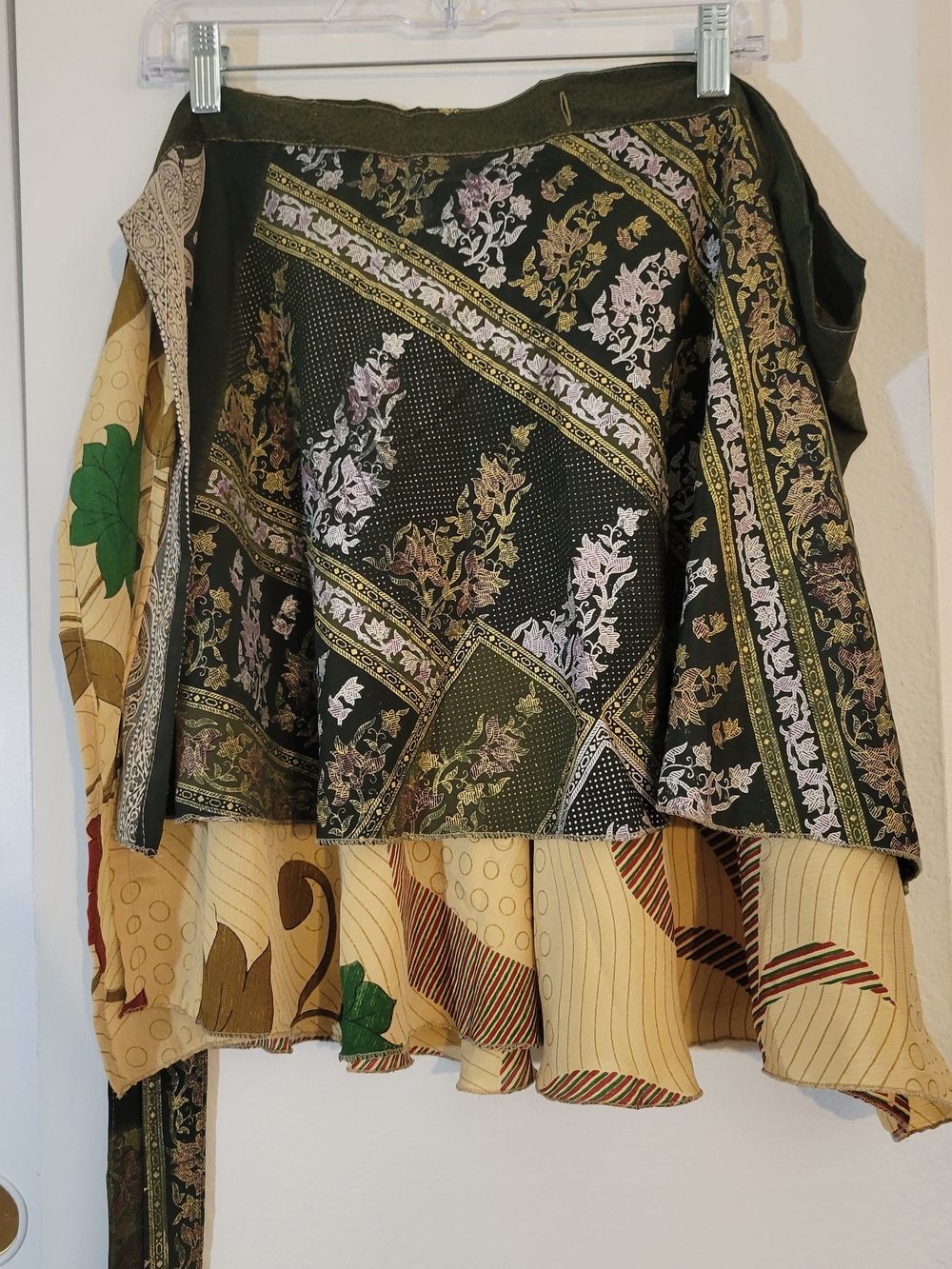 Darn Good Yard Boho Patchwork Midi Wrap Skirt in Olive & Cream